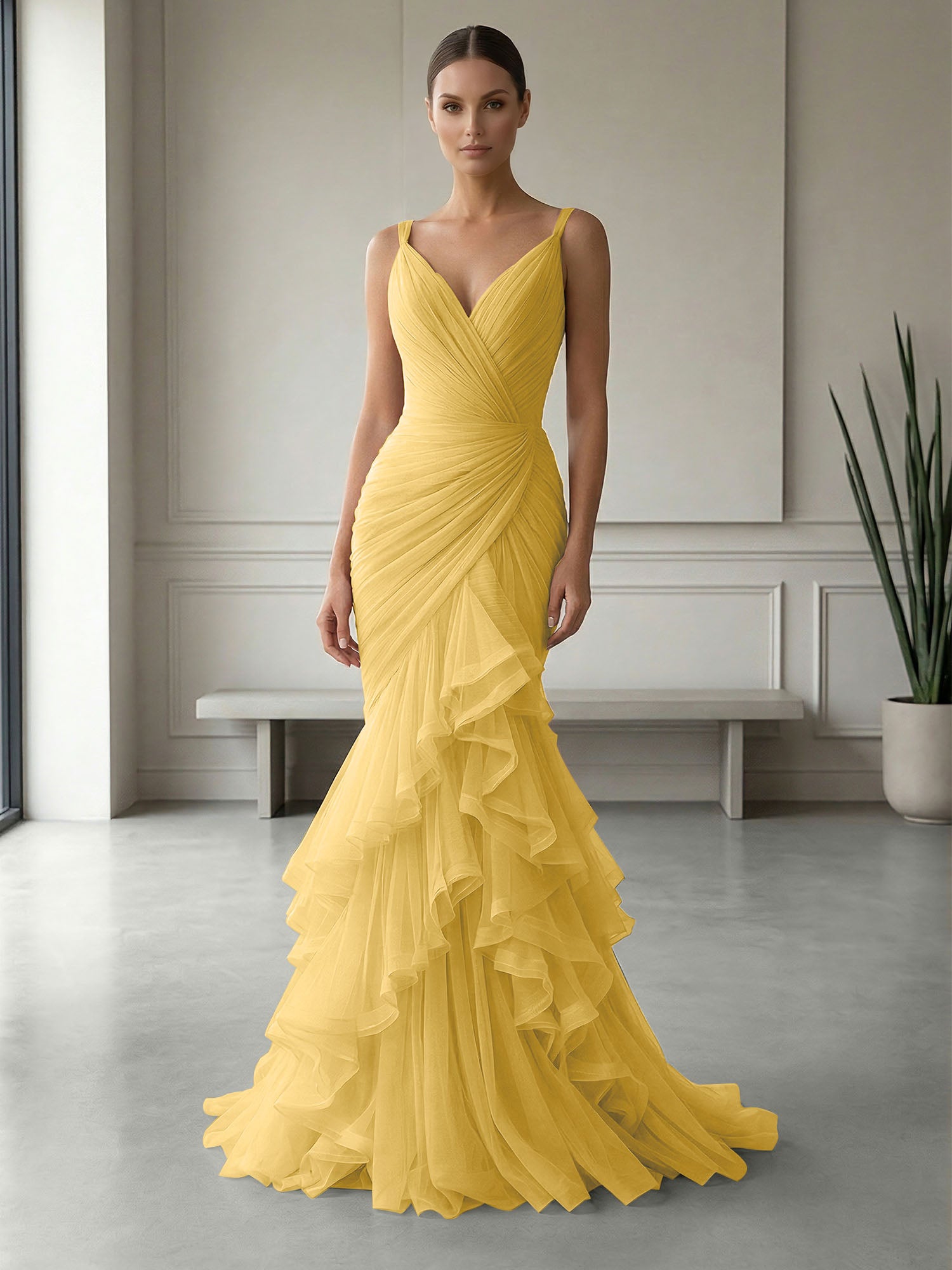 Mauve Folds Tulle Strapless Sleeveless Mermaid Gown Dress