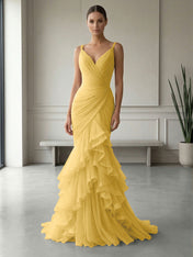 Mauve Folds Tulle Strapless Sleeveless Mermaid Gown Dress