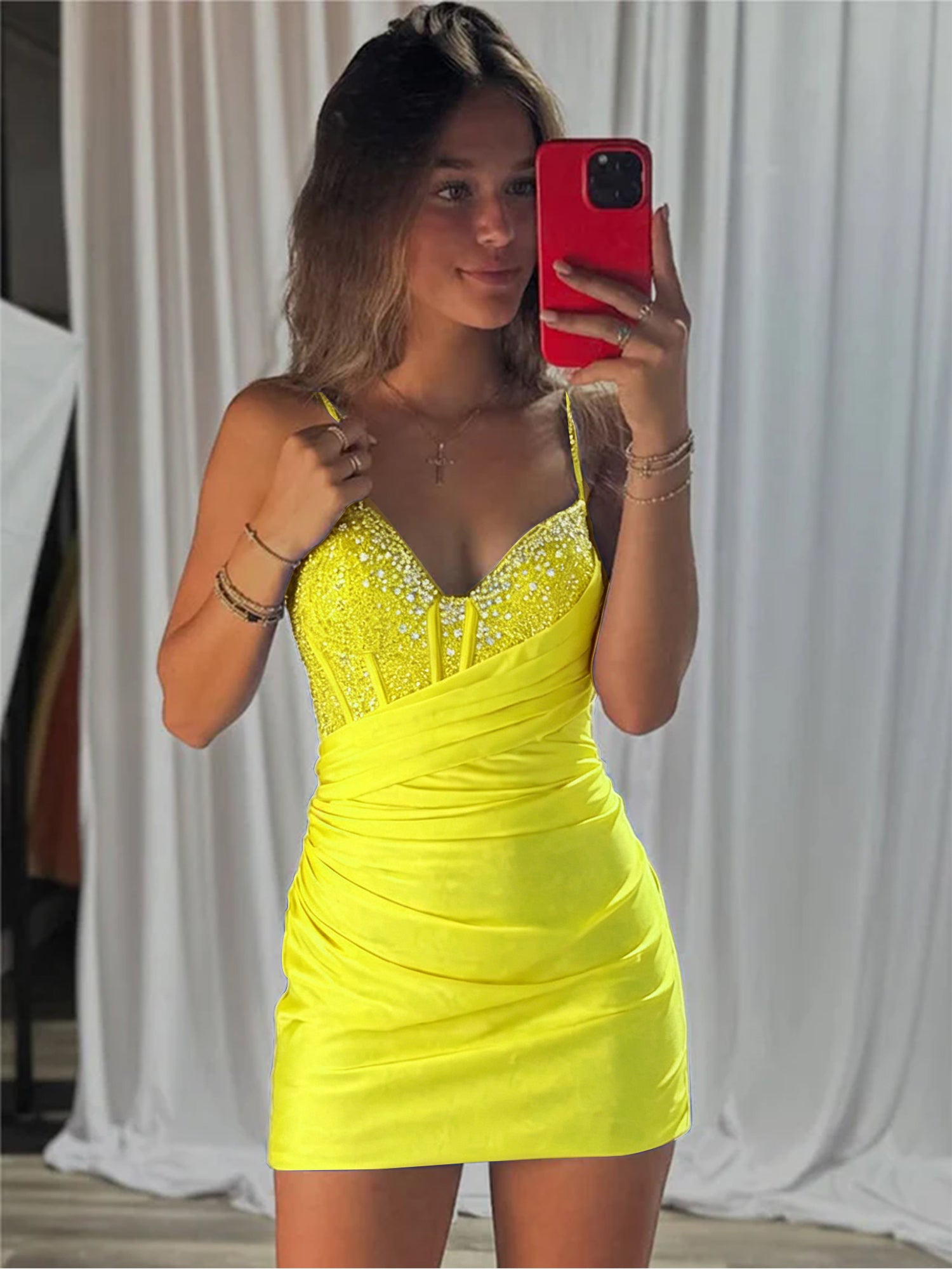 Beaded V Neck Corset Bodice Homecoming Dress