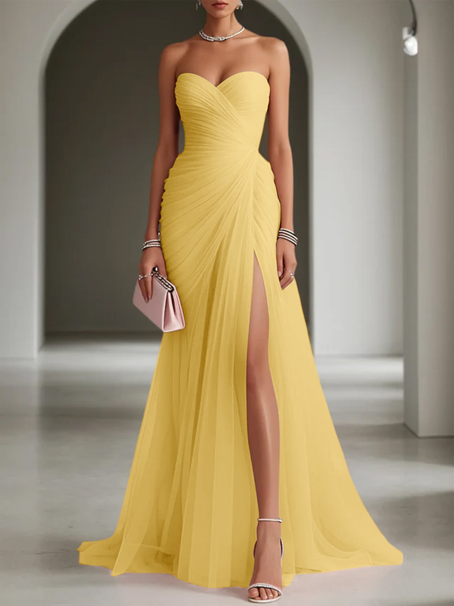 Pink Ruched Slit Tulle Strapless Sleeveless Sheath Gown Dress