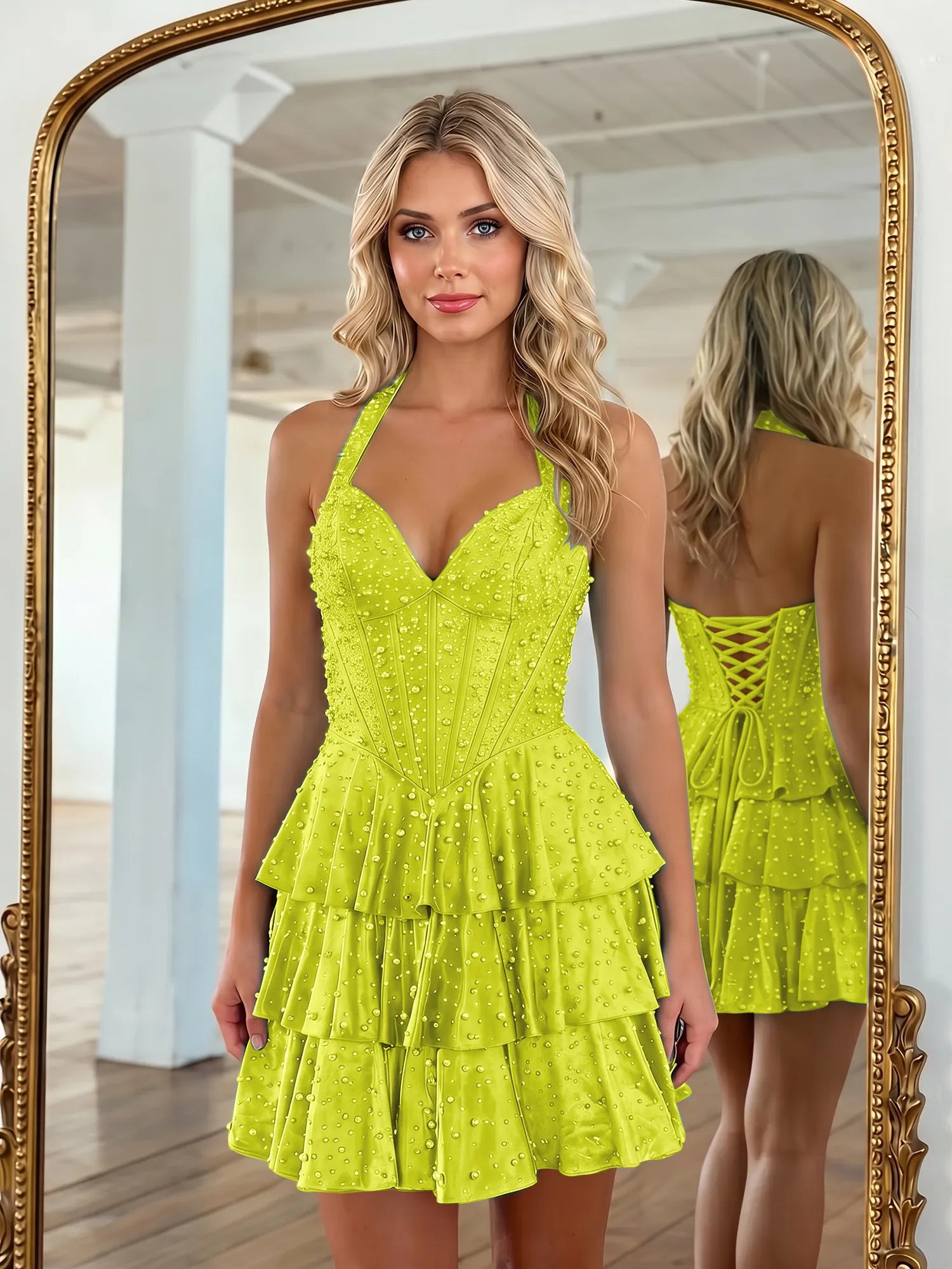 Halter Neck Pearl Beaded Tiered Short Homecoming Dresses