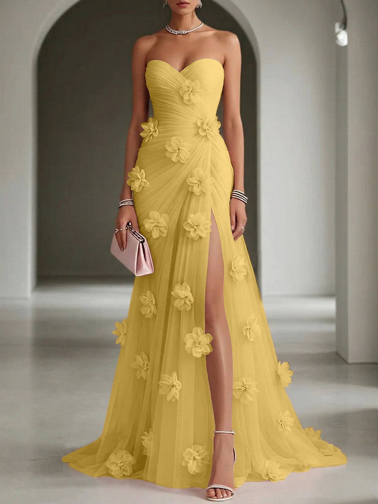Ethereal Blush Slit 3D Floral Strapless Tulle Gown Dress