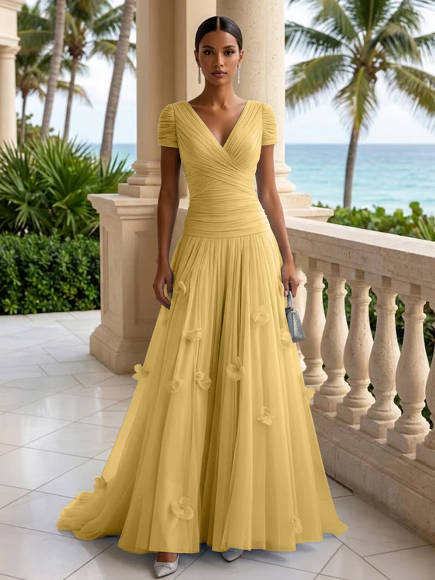 Light Blue Short-Sleeve Tulle Gown Evening Dress with 3D Flower V Neck Pleat Maxi Dress