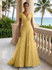 Light Blue Short-Sleeve Tulle Gown Evening Dress with 3D Flower V Neck Pleat Maxi Dress