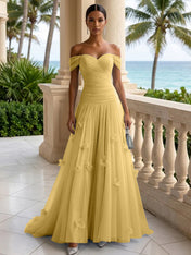 Light Blue Evening Dress with 3D Flower Off The Shoulder Pleat Maxi Dress