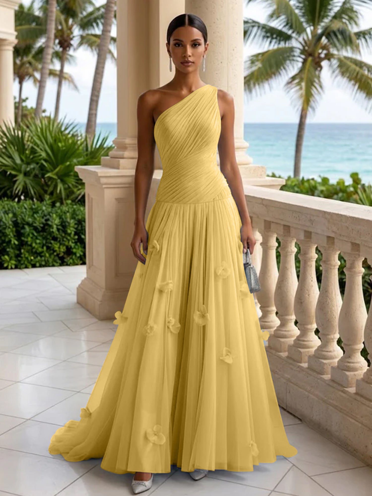 Light Blue Evening Dress with 3D Flower One Shoulder Pleat Maxi Dress