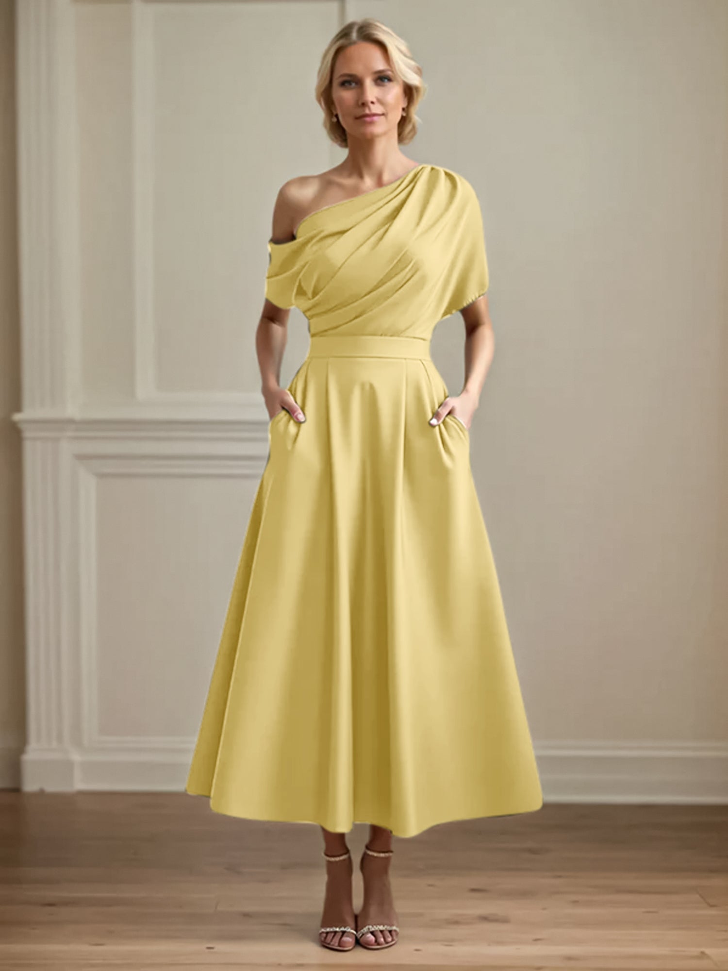 A Line Satin One Shoulder Pleated Ankle Length Mother of the Bride Dress