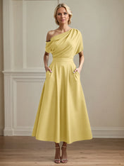 A Line Satin One Shoulder Pleated Ankle Length Mother of the Bride Dress