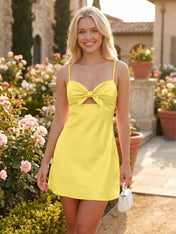 Satin Bow-Detail Mini Dress with Front Cutout Homecoming Dresses