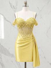 Sweetheart Sheer Corset Mini Dress with Cascading Side Drape Homecoming Dresses