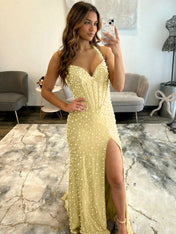 Glamorous Champagne Pearl Beaded Corset Prom Dress with Slit