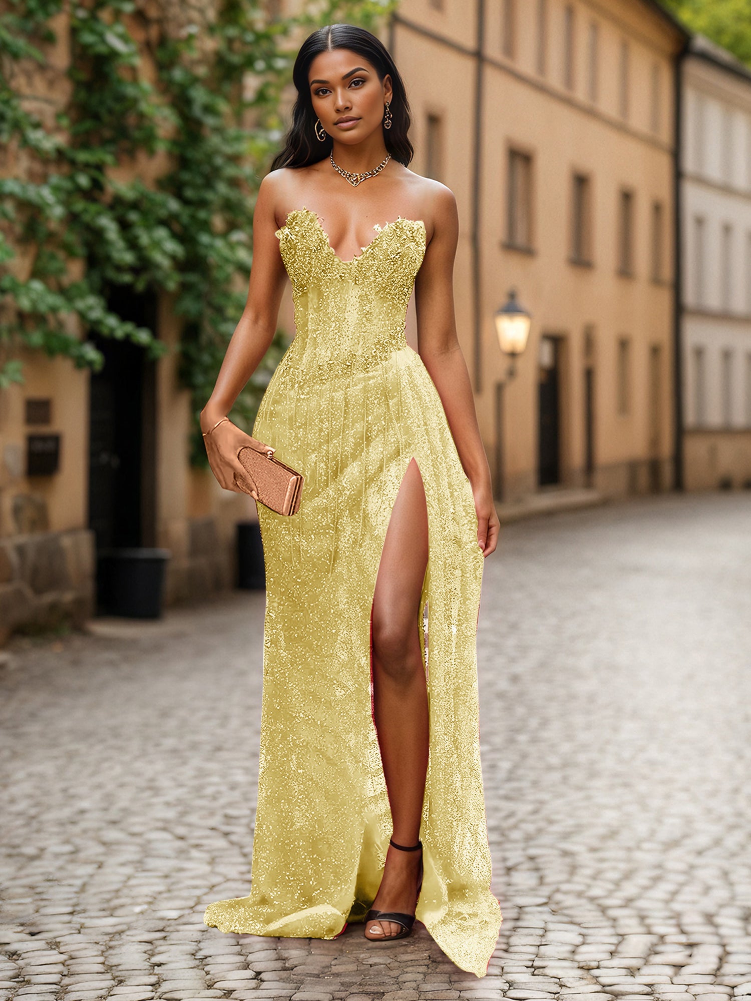 Red Strapless Beaded Fringe Waist Sequin Prom Dress with High Slit