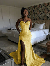 Glitter Strapless Mermaid Sequined Long Prom Dress with Slit