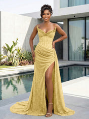 Gold Strapless Pearl-Embellished Corset Prom Dress with Slit