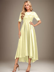 A-line Scoop Illusion Asymmetrical Stretch Satin Lace Mother of the Bride Dress With Sequins