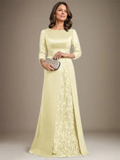 A-Line Scoop Floor-Length Lace Satin Mother Of the Bride Dress With Applique