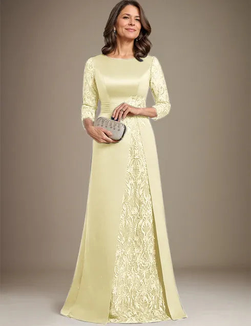 Robe de mère de la mariée en satin et dentelle, coupe trapèze, longueur au sol, avec appliques 