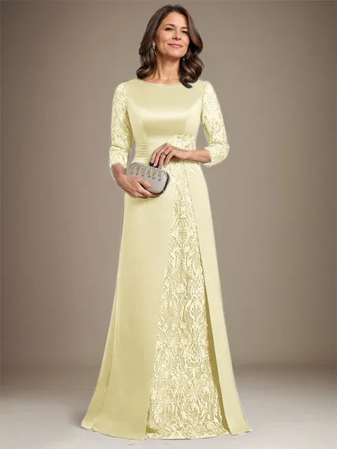 Robe de mère de la mariée en satin et dentelle, coupe trapèze, longueur au sol, avec appliques 