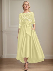 A-line Scoop Illusion Asymmetrical Satin Lace Mother of the Bride Dress With Bow