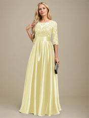 A-line Scoop Illusion Floor-Length Stretch Satin Lace Mother of the Bride Dress With Bow Sequins