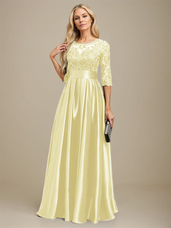 A-line Scoop Illusion Floor-Length Stretch Satin Lace Mother of the Bride Dress With Bow Sequins