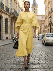Loose Batwing Sleeve Dress Tight Waist Solid Color Elegant Dresses