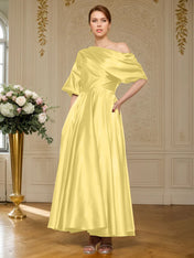 A-line Short Sleeves Pleated Ankle-Length Silk like Satin Mother of the Bride Dress