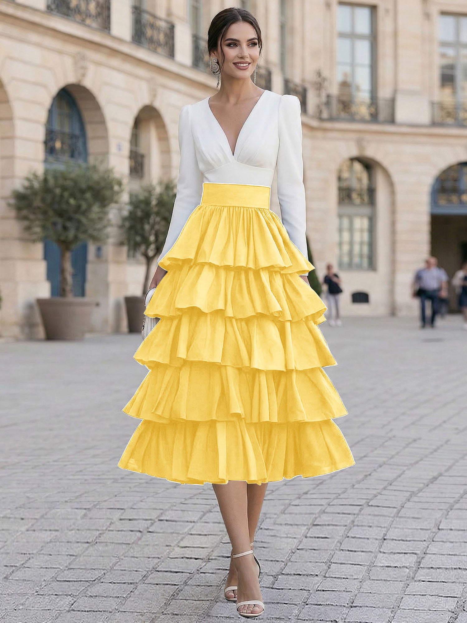 Chic Formal Evening Gown Monochrome V-Neck Tiered Ruffle Midi Dress