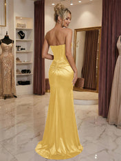 Burgundy Satin Corset Rhinestone Trim Floor-Length Prom Dress with Thigh Slit