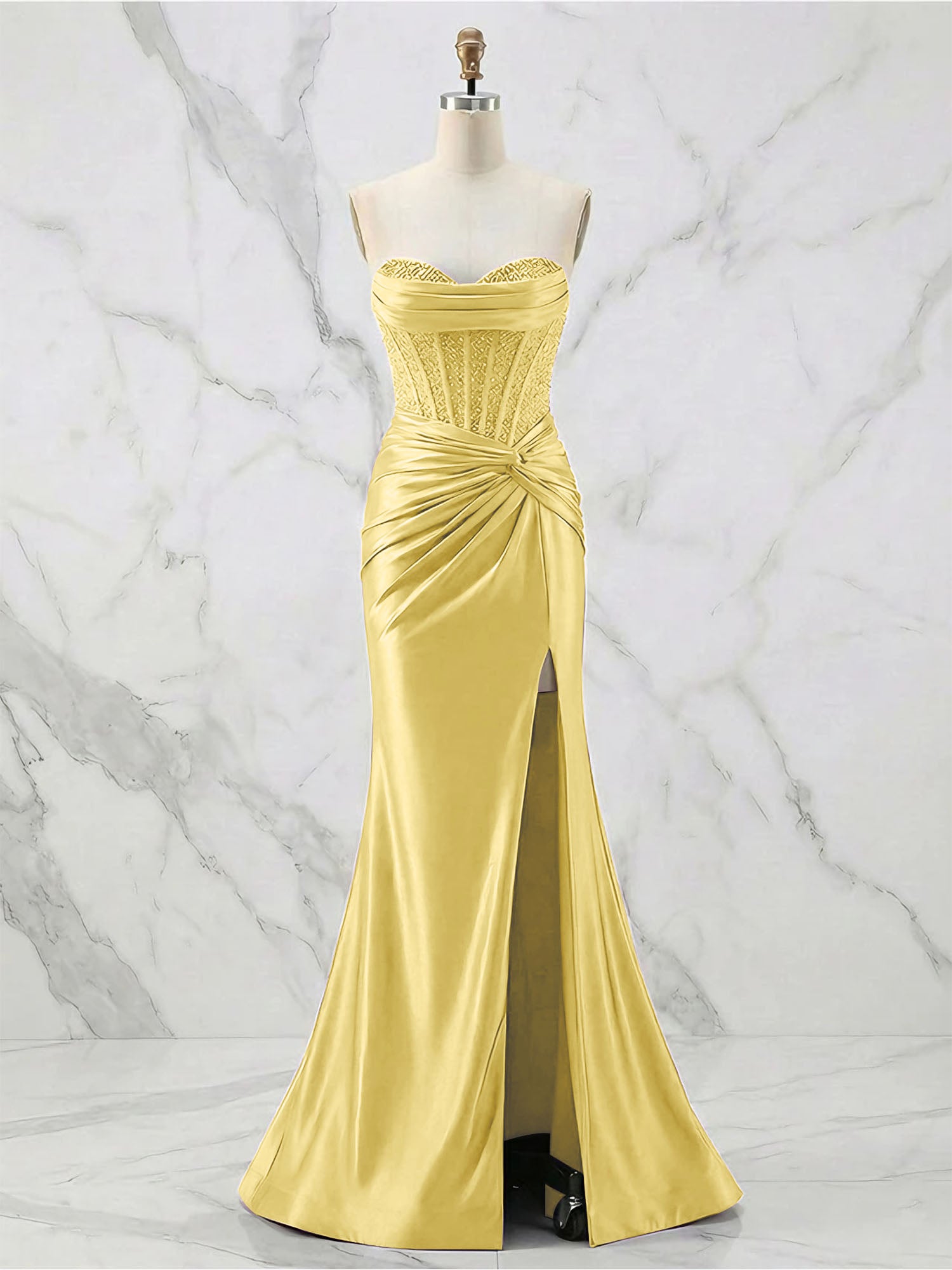 Glamorous Strapless Beaded Corset Satin Prom Dress with Slit