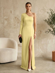 Long Sleeves Black One Shoulder Formal Dress Evening Gown