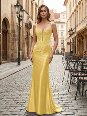 Purple Mermaid Spaghetti Straps Satin Long Corset Appliqued Prom Dress