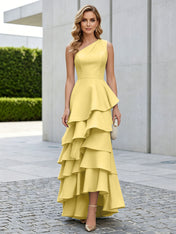One Shoulder Tiered Ruffle Satin Mermaid Evening Gown with Sculptural Layers