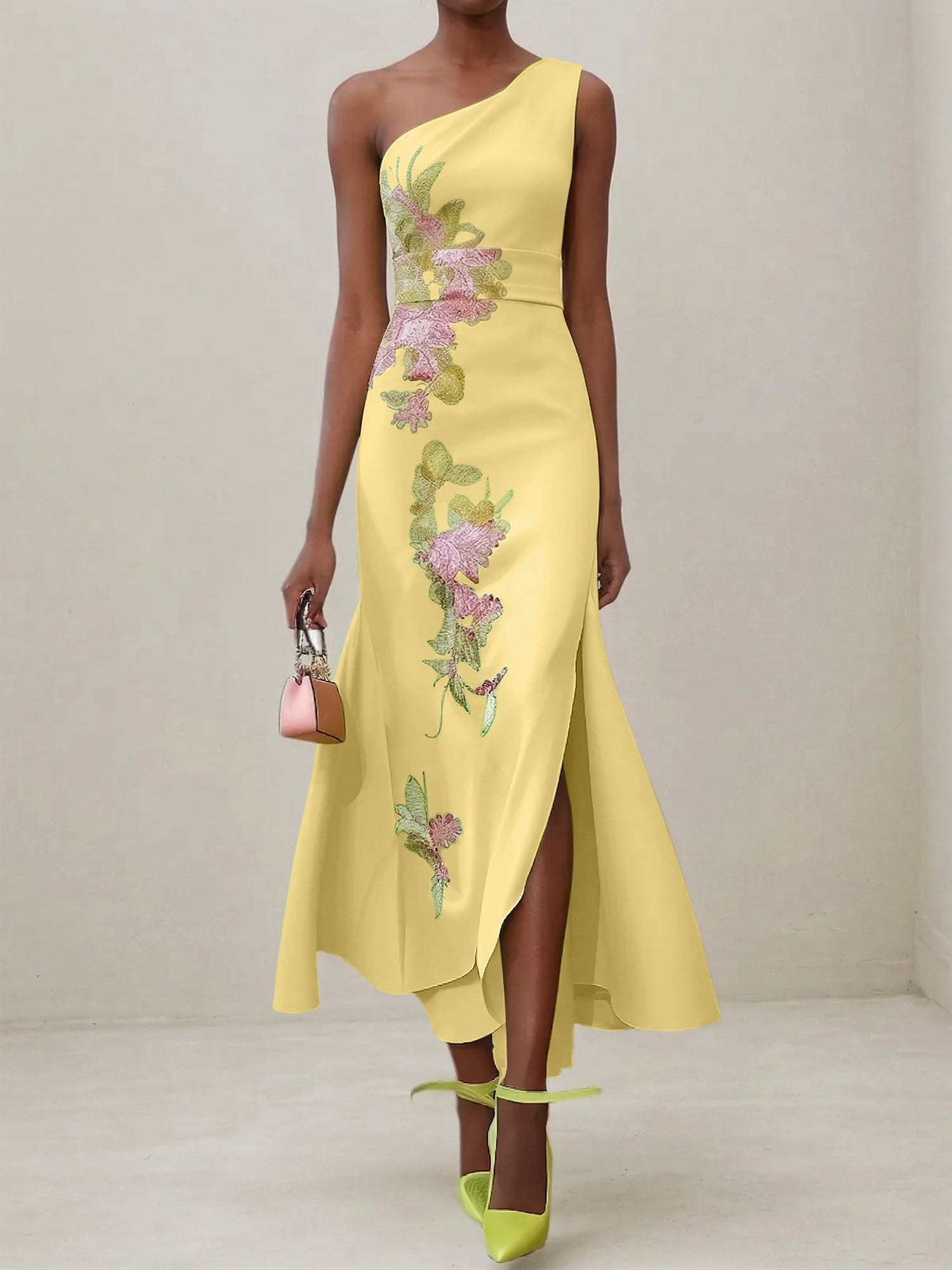 Green Floral One Shoulder Embroidered Cap Sleeve Slit Sheath Maxi Dress