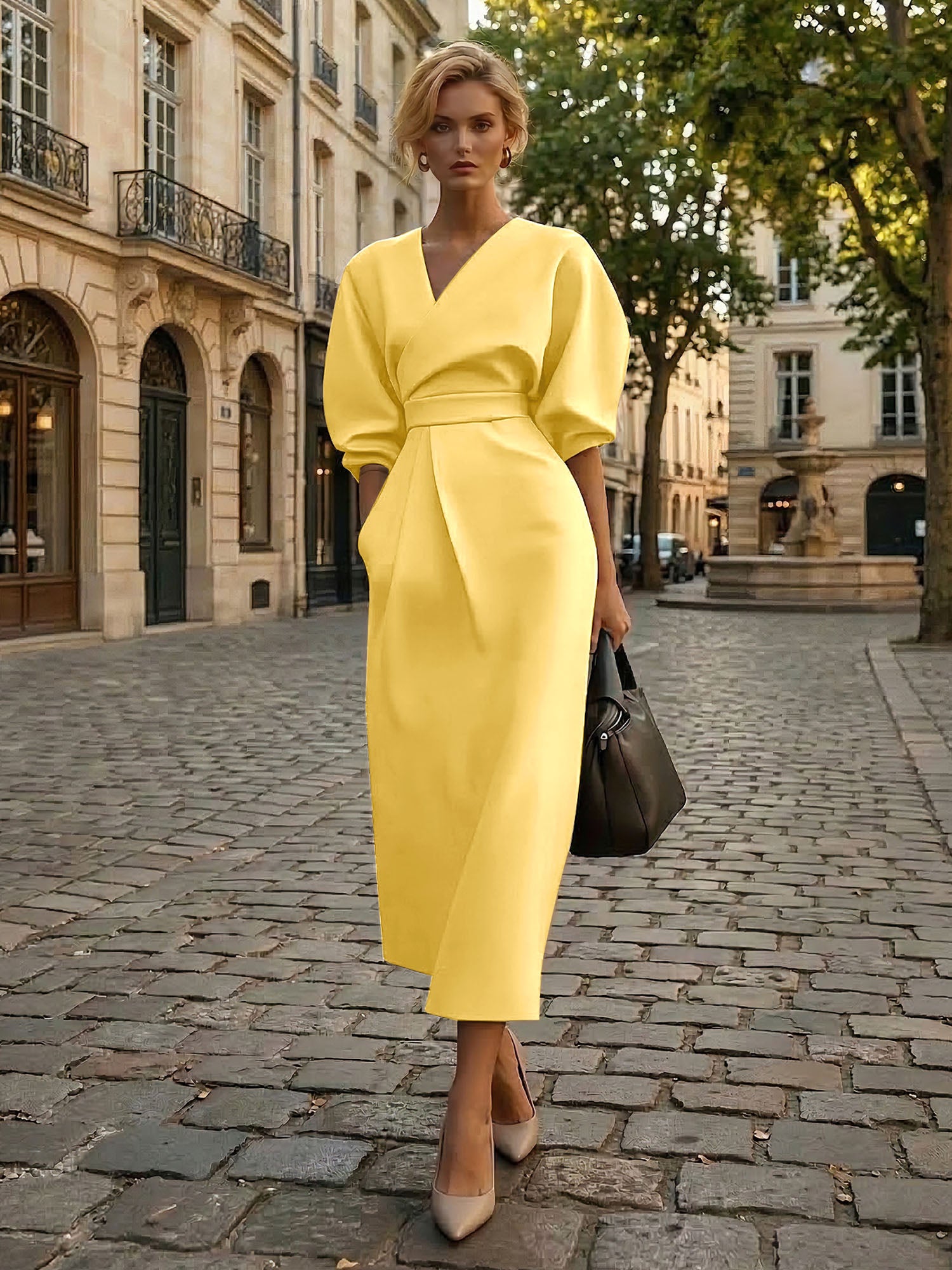 Sophisticated Camel V-Neck Balloon Sleeve Midi Dress Evening Gown