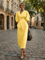 Sophisticated Camel V-Neck Balloon Sleeve Midi Dress Evening Gown