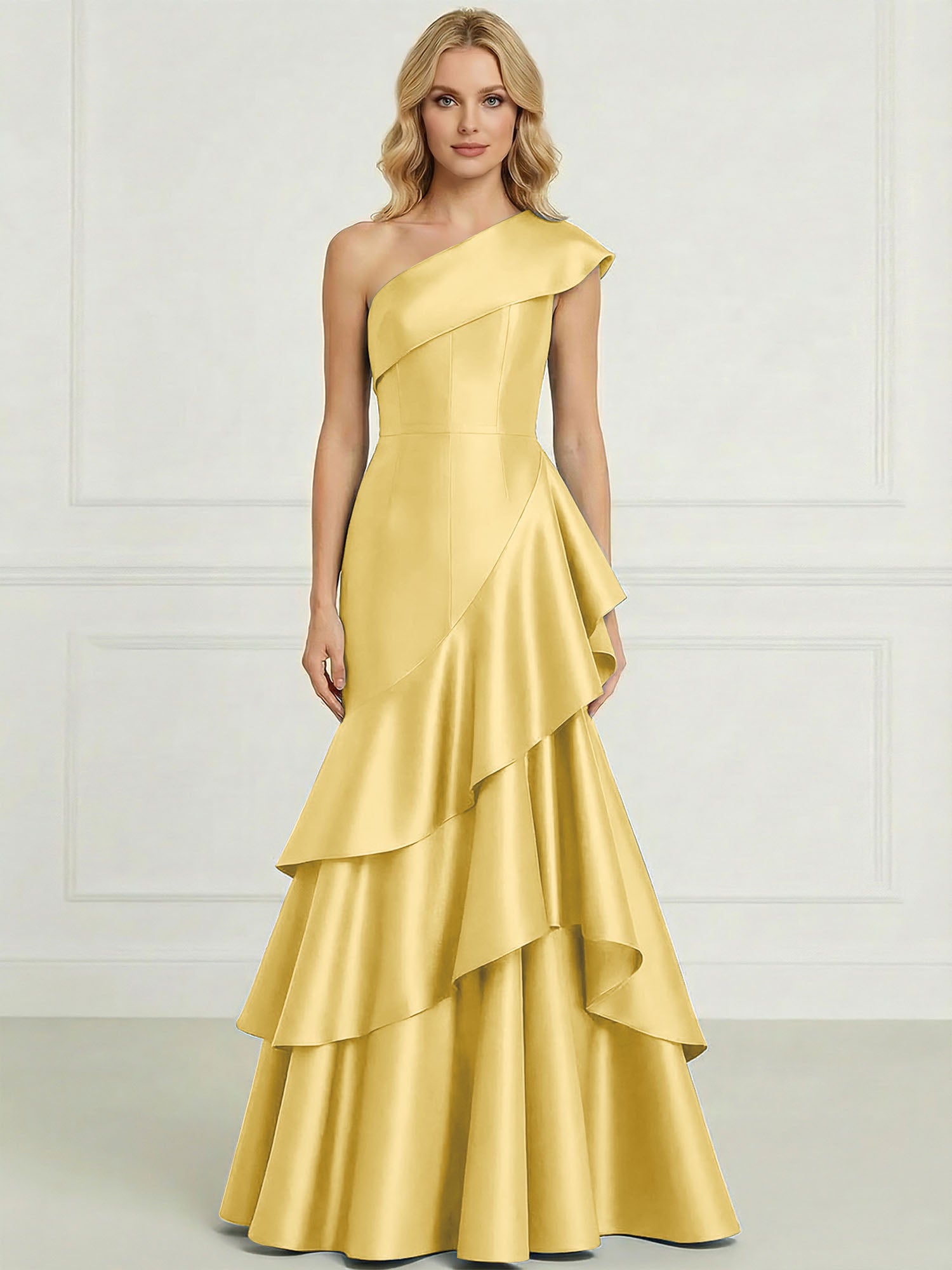 Formal Evening Dress Dark Blue One-Shoulder Satin Tiered Maxi Gown