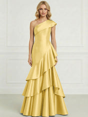 Formal Evening Dress Dark Blue One-Shoulder Satin Tiered Maxi Gown