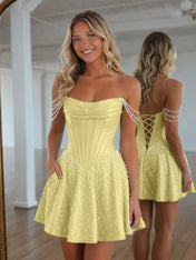Strapless Pearl Draped Corset A-Line Short Homecoming Dresses