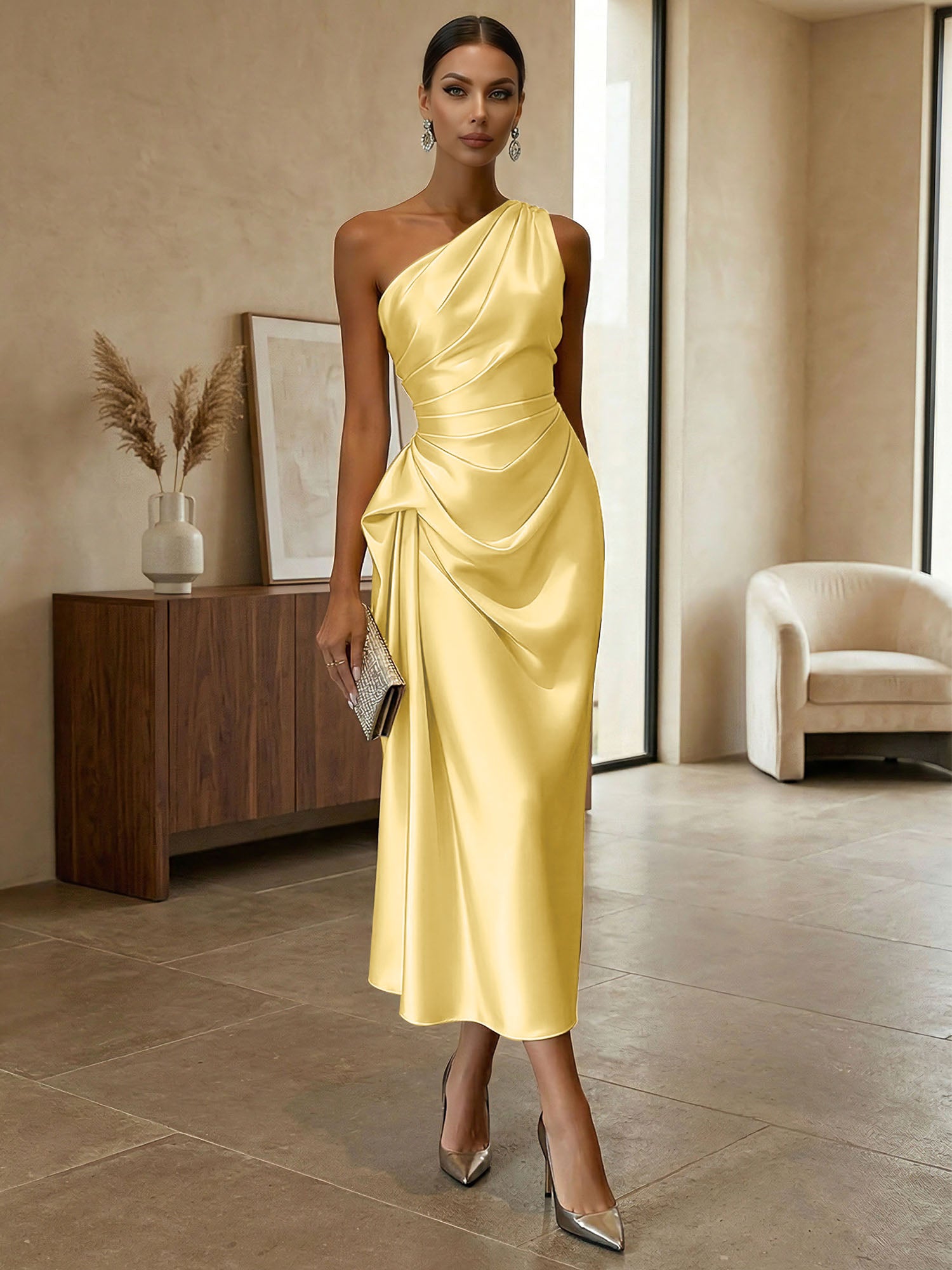 Champagne Ruched Satin One Shoulder Sleeveless Sheath Midi Dress