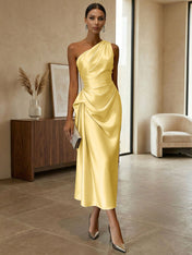Champagne Ruched Satin One Shoulder Sleeveless Sheath Midi Dress