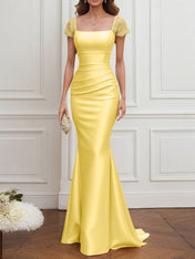 Mother of the Bride Dress Champagne Satin Square Neck Maxi Dress