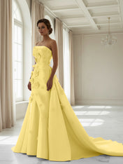 Pink A Line Satin Strapless Prom Dress with 3D Floral Appliques