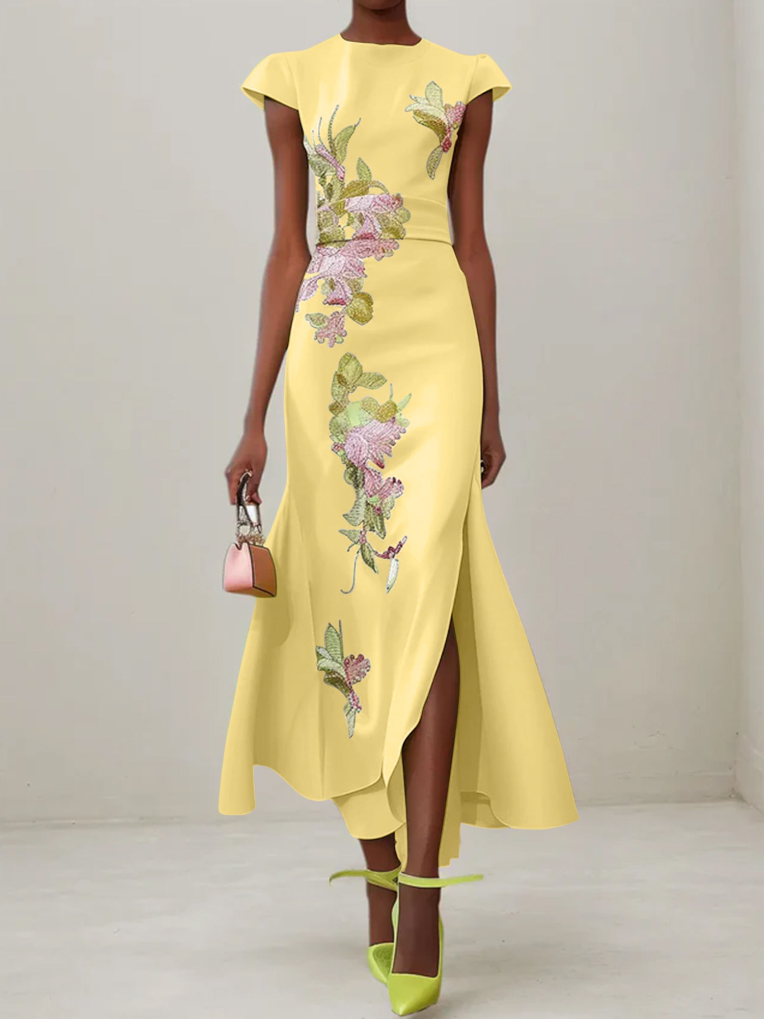Green Floral Embroidered Cap Sleeve Slit Sheath Maxi Dress