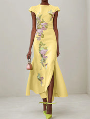 Green Floral Embroidered Cap Sleeve Slit Sheath Maxi Dress