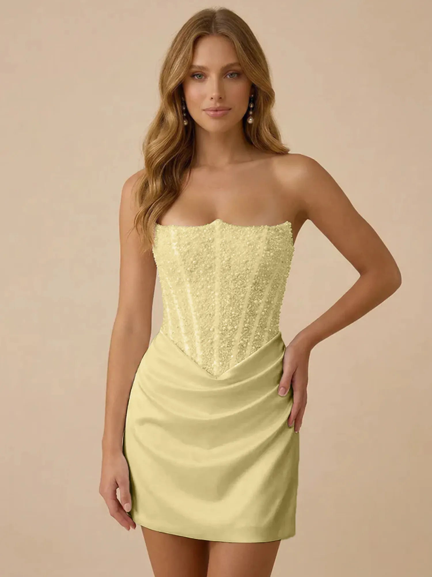 White Strapless Sequin Beaded Satin Short Homecoming Dress with Corset