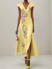 Green Floral V Neck Embroidered Cap Sleeve Slit Sheath Maxi Dress