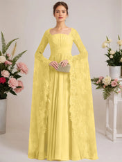 A-line Square Floor-Length Chiffon Lace Evening Dress With Beading Pleated