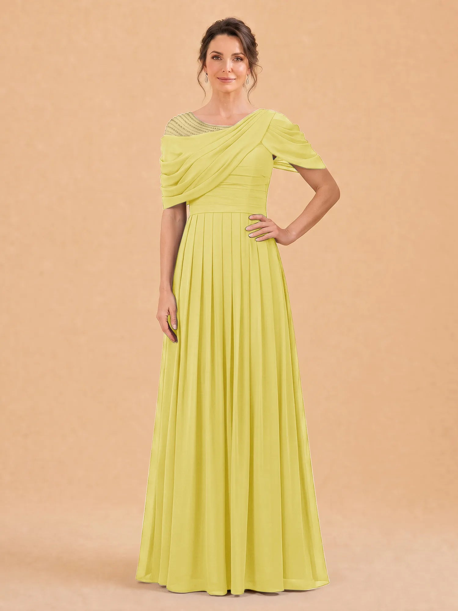 One-Shoulder Cape Overlay Chiffon Mother of the Bride Dress