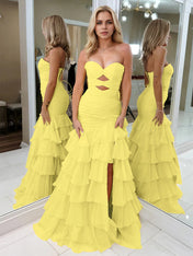 Yellow Strapless Mermaid Cutouts Ruffled Tiered Corset Back Prom Dress with Slit